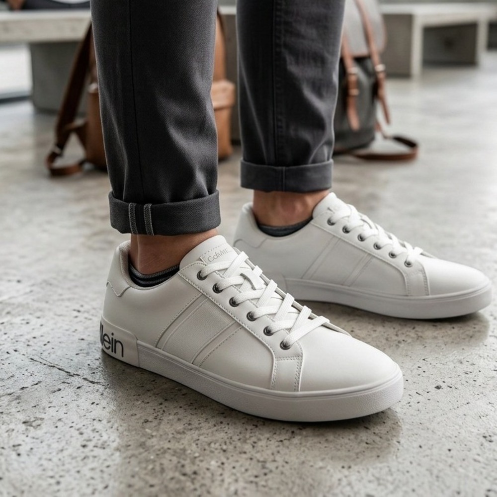Calvin Klein Mens 13 White Low Top Sneakers Logo Heel Lace Up Shoes NIB